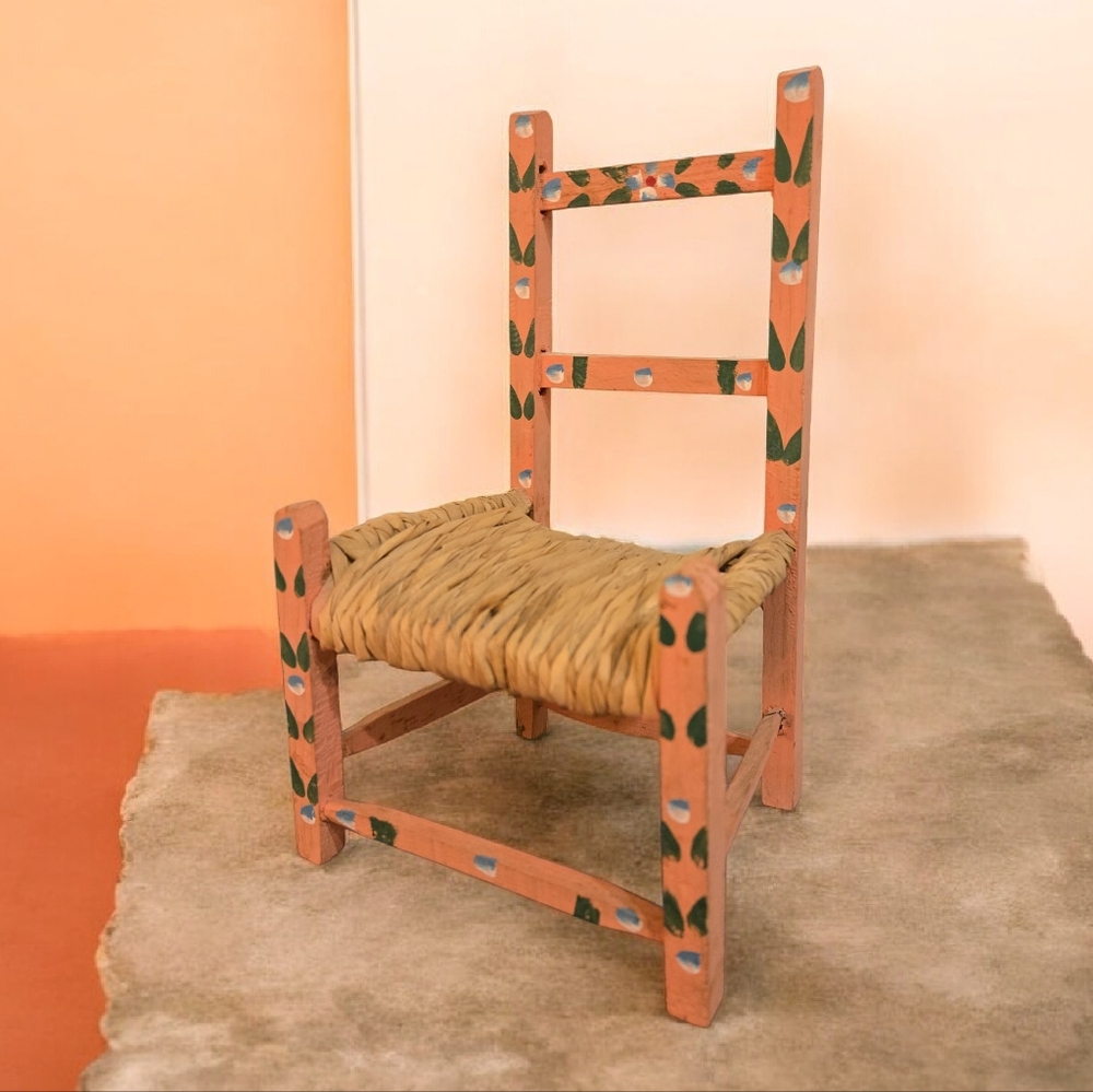 Vintage Mexican Folk Art Small Doll Wooden Chair with Woven Seat